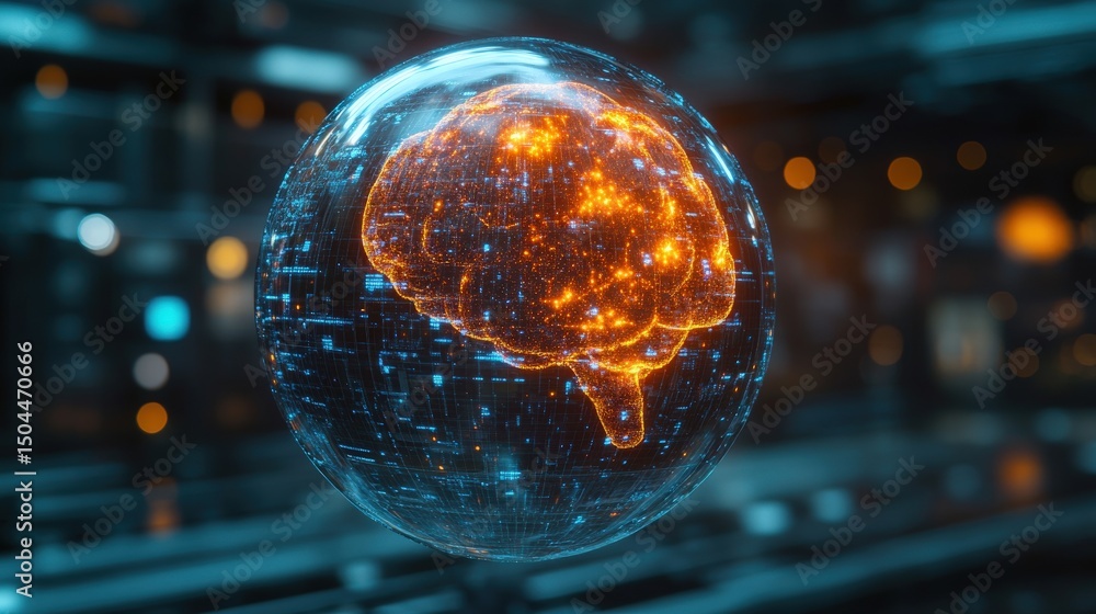 Poster glowing digital brain hologram suspended in a futuristic tech environment with data streams