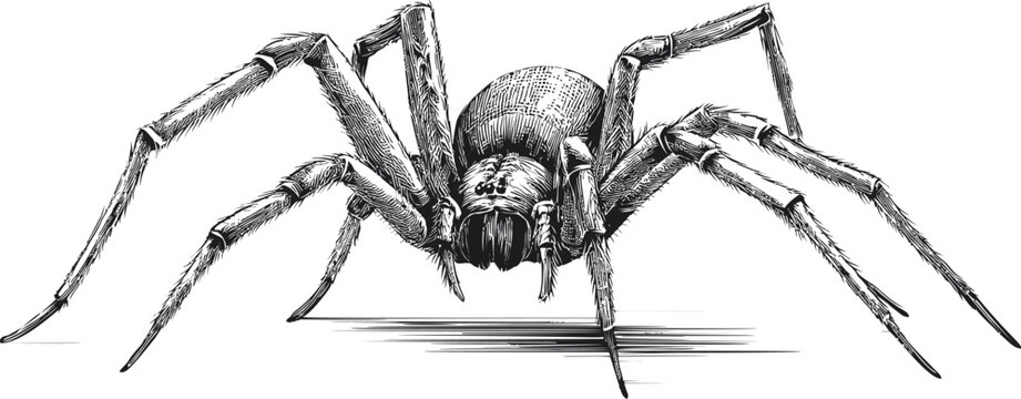 Detailed black and white illustration of a large spider with long legs. Vector illustration