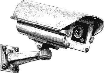 Black and white illustration of a security camera with detailed line art. Vector illustration