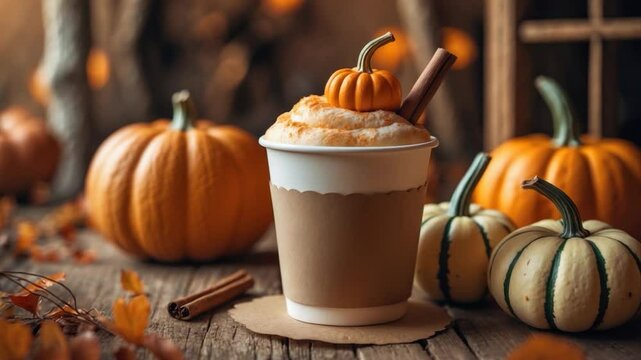 Autumn-themed beverage featuring a creamy pumpkin spice latte topped with a miniature pumpkin and a cinnamon stick, surrounded by decorative pumpkins and fall foliage.