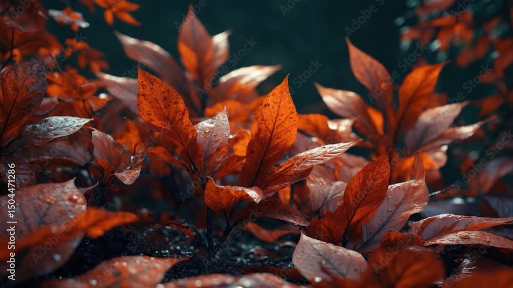 Poster vibrant red leaves surrounded by dew drops in a moist forest setting with soft background light high