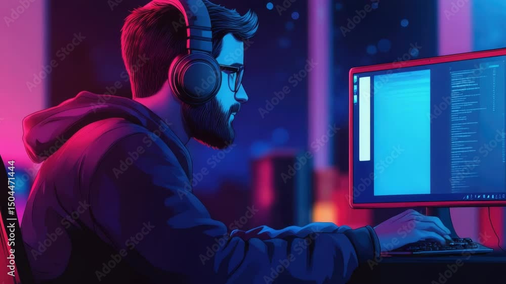 Poster a person using their computer with headphones on