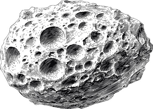 Black and white illustration of a pockmarked asteroid with detailed craters. Vector illustration