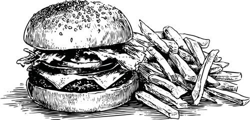 Detailed sketch of a burger with cheese, bacon, and fries, fast food art. Vector illustration