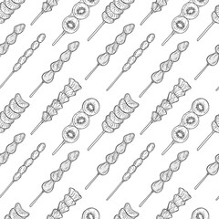 Seamless pattern with tanghulu candied sugar coated fruits on stick in black isolated on white background. Hand drawn vector sketch illustration in doodle engraved vintage line art style. Asian candy