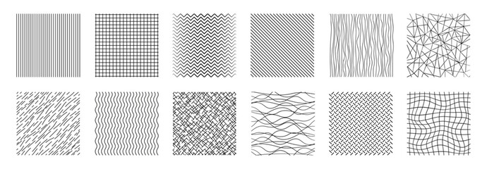 Fototapeta na wymiar Line patterns set, decorative hatching backgrounds, drawn straight and curved lines, grid texture