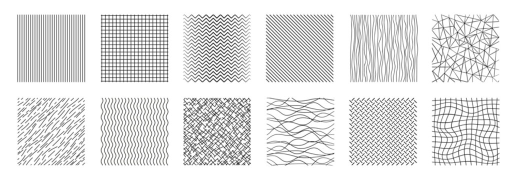 Line patterns set, decorative hatching backgrounds, drawn straight and curved lines, grid texture