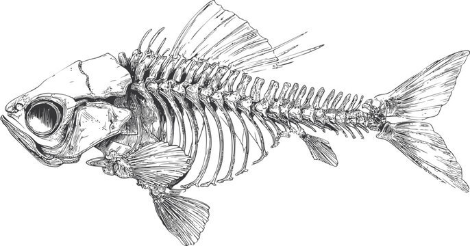 Detailed sketch of a fish skeleton with intricate bone structure, black and white. Vector illustration