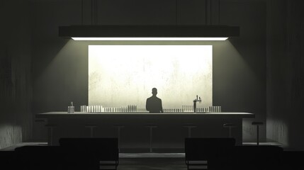 Minimalist bar scene with silhouette of bartender in dim lighting