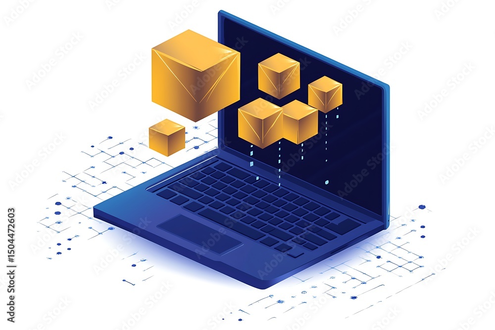 Wall mural isometric laptop with golden geometric forms and network data stream.