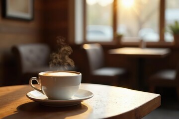 Fototapeta premium Warm Steaming Coffee in a Cozy Cafe Setting, Sunlight Illuminating the Wooden Table