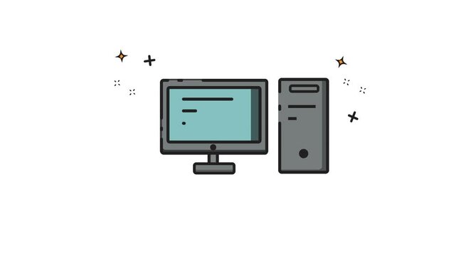 Animated computer icon Desktop computer setup with monitor and tower, ideal for decor related content, office scenes, business presentations, and educational materials.