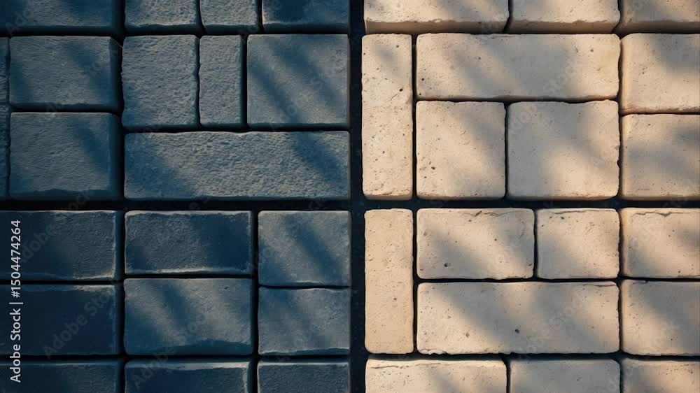 Poster contrasting textured pavers in dark and light shades displaying geometric patterns with soft shadows