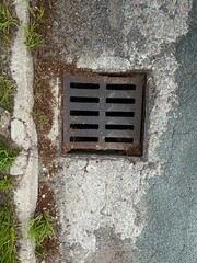 The old broken road, the storm drain is slightly clogged with fallen leaves. Patches on the asphalt...