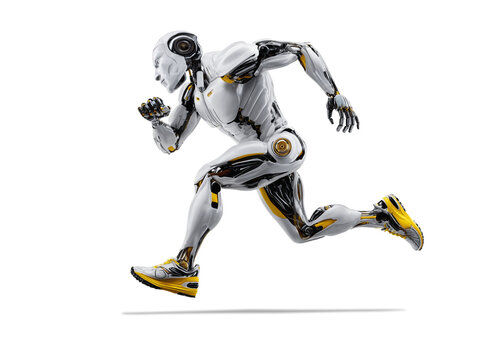 Futuristic robotic athlete running, isolated on free ong background. Rapid AI progress symbolized by a running cyber robot.