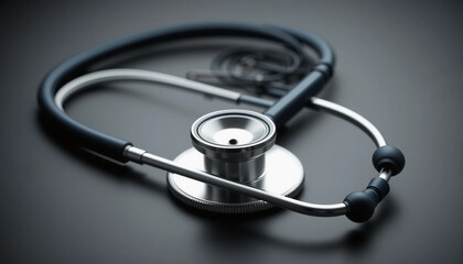 Precision of Sound: A detailed shot of stethoscope, symbol of medical examination and patient care, poised against a smooth, dark backdrop. Focusing on healthcare, medical technology.