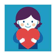 Adorable cartoon girl holding a big red heart expressing love and affection in a simple design