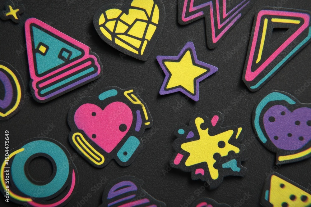 Aufkleber retro 80s style neon stickers displayed on a dark surface creating a vibrant and playful aesthetic