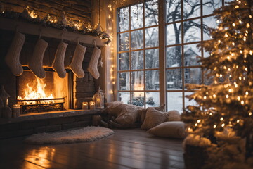 cozy Scandinavian Christmas interior, fireplace, stockings, pine tree with golden lights, snow outside the window, warm soft light