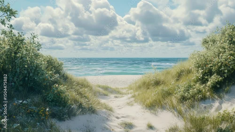 Poster path leading to the beach with lush greenery and distant ocean views