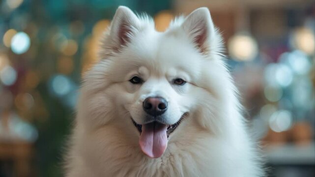 Fluffy Samoyed Dog with Joyful Expression Surrounded by Soft Bokeh Lights Showcasing Its Warm Personality and Thick, White Fur in a Cozy Indoor Setting