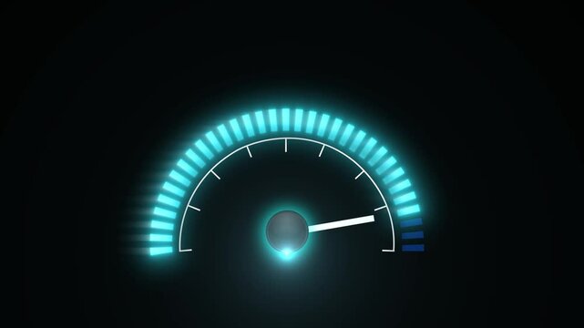3D animation of glowing speedometer needle in motion. Concept of performance, acceleration and speed. Video 4K.