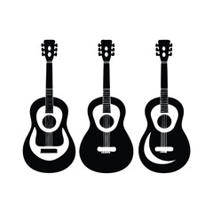 Silhouette of guitars, Set of black and white acoustic guitars
