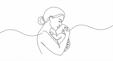Mother embracing her baby in a tender moment with minimalist outline design