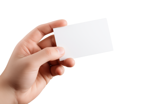 hand holding blank business card isolated on white background