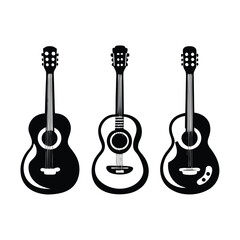 Naklejka premium Silhouette of guitars, Set of black and white acoustic guitars
