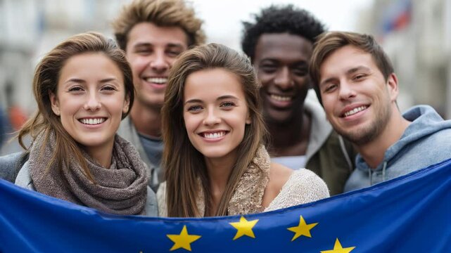 Group of a multiracial smiling young people holding a flag of the European Union looking at the camera