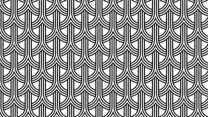 Geometric patterns feature repeating arrangements of curved shapes such as scales or waves. The neat double lines create an interlocking texture, reminiscent of Art Deco or fish scales.