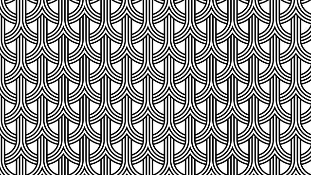 Geometric patterns feature repeating arrangements of curved shapes such as scales or waves. The neat double lines create an interlocking texture, reminiscent of Art Deco or fish scales.