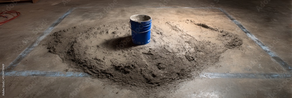 Poster sack of leveling compound positioned near marked concrete base, with top section open to facilitate 