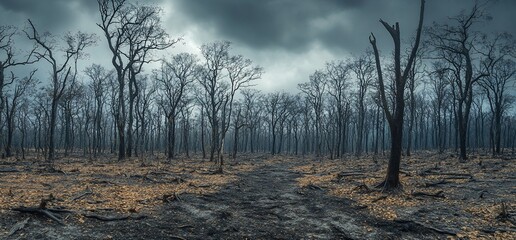 Obraz premium Gloomy aftermath: A forest landscape with charred trees under a stormy sky