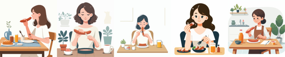 vector of a woman eating sausage at the dining table