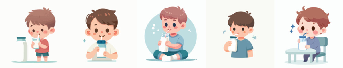 vector of a little boy drinking milk
