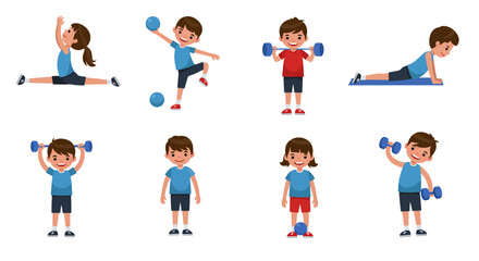 Fototapeta premium Children Performing Various Exercises with Weights and Balls Smiling Happily