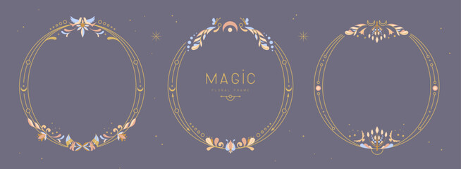 Set of modern magic witchcraft  round frames with floral elements and ornament. Decorative floral design. Vector illustration