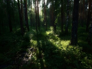 Obraz premium Dense Pine Forest with Sunlight Through Branches, Wide-Angle Immersive Woodland Scene, Lush Foliage and Dappled Light