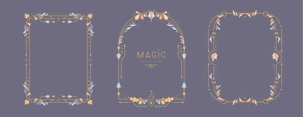Set of modern magic witchcraft frames with floral elements and ornament. Decorative floral design. Vector illustration