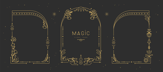 Set of modern magic witchcraft frames with floral elements and ornament. Line art Decorative floral design. Vector illustration