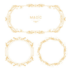 Set of modern magic witchcraft frames with floral elements and ornament. Line art decorative floral design. Vector illustration