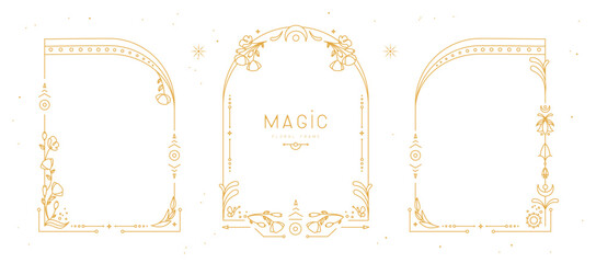Set of modern magic witchcraft frames with floral elements and ornament. Line art Decorative floral design. Vector illustration