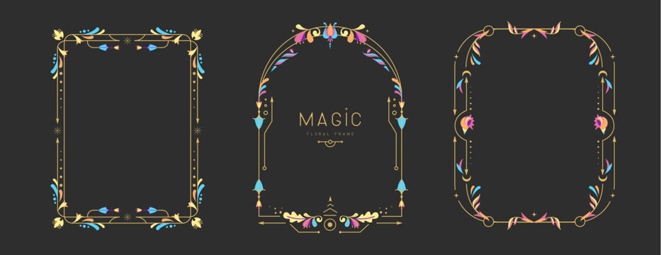 Set of modern magic witchcraft frames with floral elements and ornament. Decorative floral design. Vector illustration