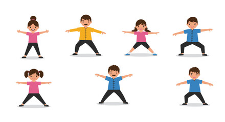 Fototapeta premium Diverse group of children practicing a wide stance exercise with arms outstretched