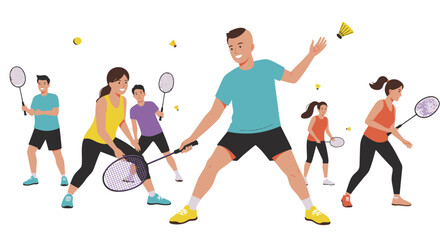 Energetic badminton players in action poised with rackets shuttlecocks in midair