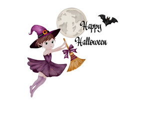 Charming witch soaring through a moonlit sky with a broomstick, embracing the spirit of Halloween