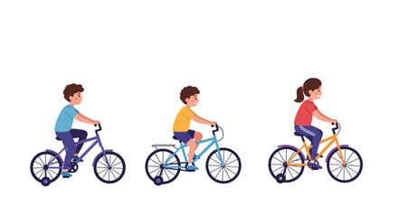 Fototapeta premium Three Children Riding Bikes with Training Wheels SidebySide