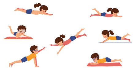 Cartoon children practicing swimming strokes some with goggles on mats and in the air